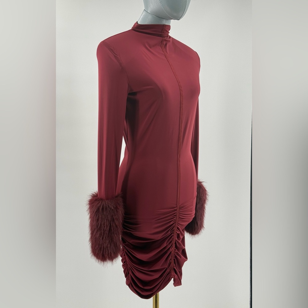 🆕 BRONX & BANCO 🧿 NWOT Eleanor Burgundy Fur Trimmed Mini Dress, Sz L US 8 - Picture 5 of 17